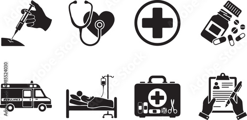 Medical icons, healthcare symbols, hospital signs, emergency care, black vector graphics