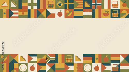A vibrant mosaic of international flags and food icons forms a decorative border on a neutral background, symbolizing global diversity and culinary exchange.