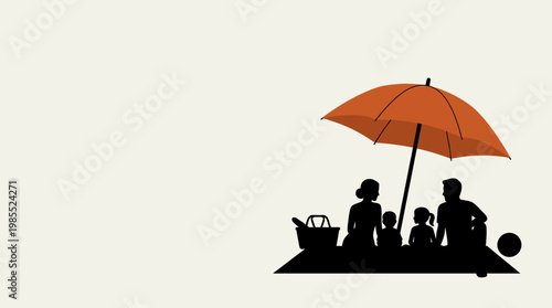 A silhouette of a family enjoying a picnic under a large orange umbrella on a light-colored background.