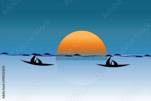 Sunset seascape with sailboat silhouettes nature landscape