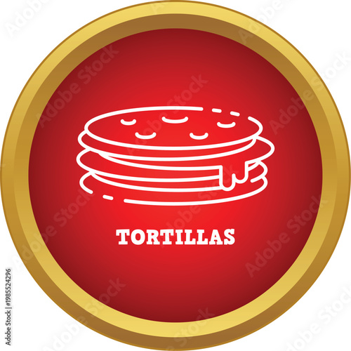 Stack of tortillas forming a simple outline icon on a red and gold button