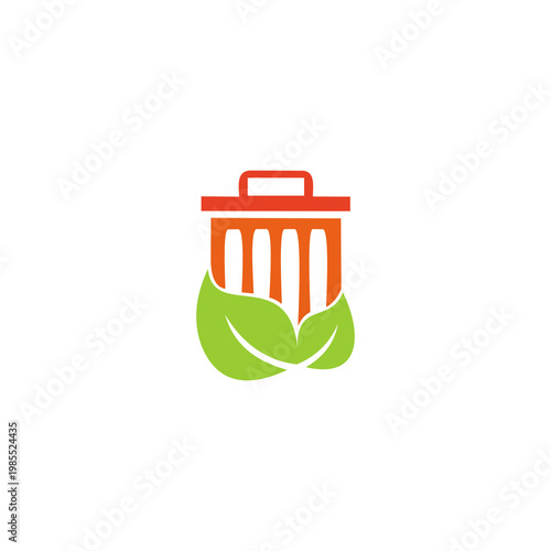 A minimalist vector logo featuring an orange trash bin silhouette with a handle on the lid. Two vibrant green leaves wrap around the base of the bin, symbolizing recycling, sustainability, and environ