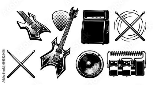 Vector graphic illustration of various musical instruments and equipment