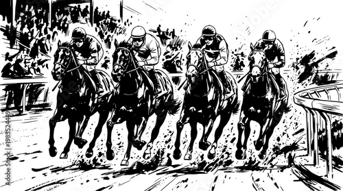 Horse racing jockeys competing on a track with spectators