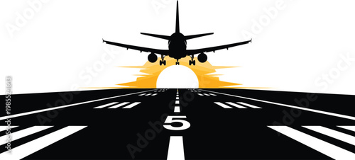 Airplane taking off on runway at sunset takeoff aircraft