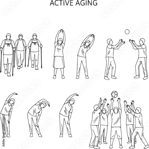 Senior adults exercising together in active aging lifestyle flat design illustration