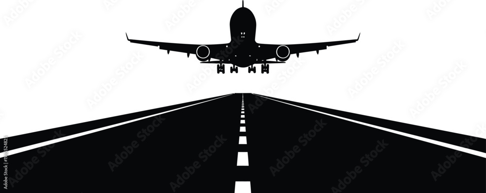 Fototapeta premium Black silhouette airplane landing on runway