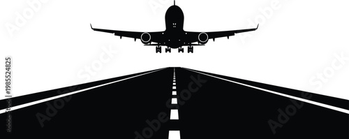 Black silhouette airplane landing on runway