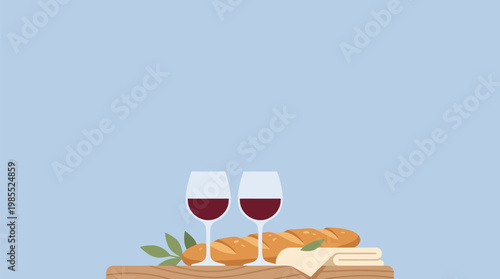 Two glasses of red wine with bread and olives on a wooden board, set against a light blue background.