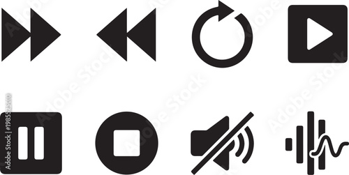 Media player icons, playback controls, audio video symbols, black vector graphics