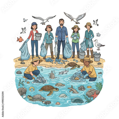 Diverse group of volunteers cleaning up ocean pollution and saving marine life with seabirds flying