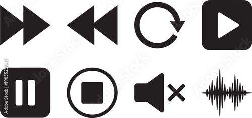 Media player icons, playback controls, video symbols, black vector graphics, multimedia buttons