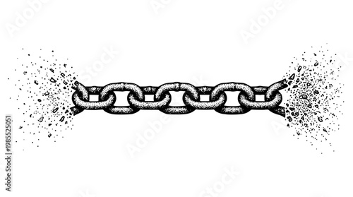 Broken chain link with debris on white background illustration