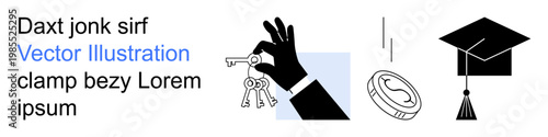 Education, security, finance, knowledge, investment, academic success. Hand holding keys, a coin dropping and a graduation cap. Education and security clearly
