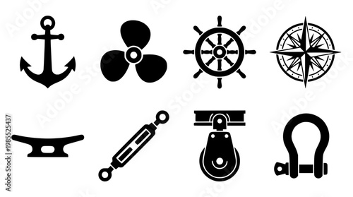 Set of nautical icons including anchor and ship wheel design