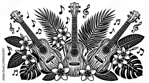 Three ukuleles surrounded by tropical leaves and flowers illustration