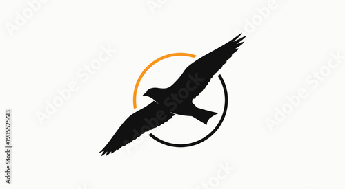 Silhouette of a bird flying through a stylized circle with orange and black on white background