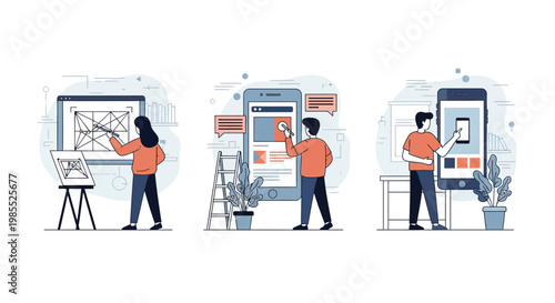 Flat vector illustration showing creative designers working on mobile application user interface wireframe prototype development workflow process kit