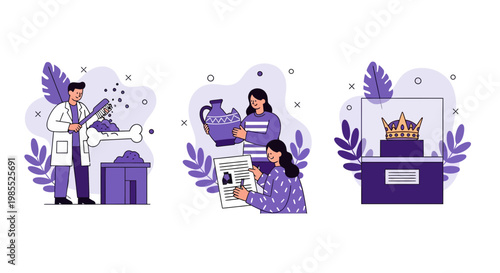 People study old bones and jars to show a crown at a new city museum