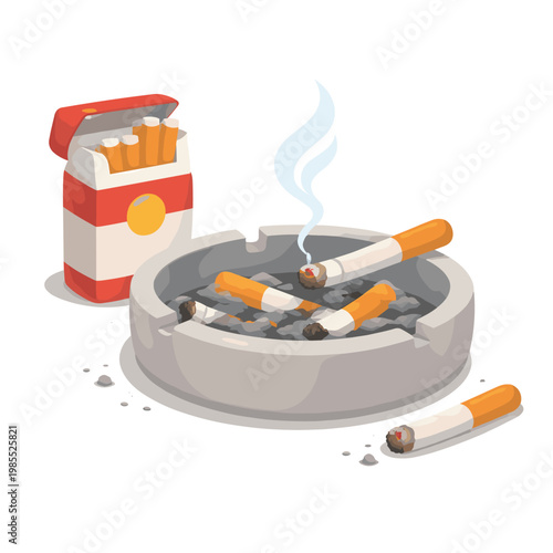 Ashtray with Cigarette Butts and Open Pack – Flat Illustration Isolated