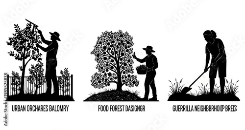 Farm workers tending fruit trees and cultivating crops against a bright sky silhouette