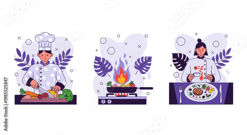 Chef Cook Food Cut Veg Fry Pan Heat Plate Eat Meal Job Work Art Set