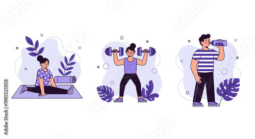 Daily Healthy Fitness Routine With People Doing Yoga Lifting Dumbbells And Drinking Water For Wellness