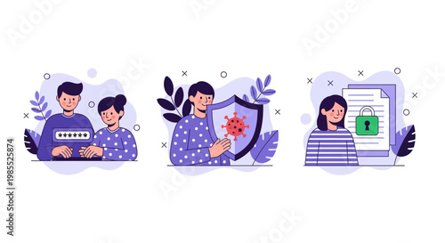 Digital cybersecurity protection concept showing people using passwords antivirus shields and secure document encryption protocols