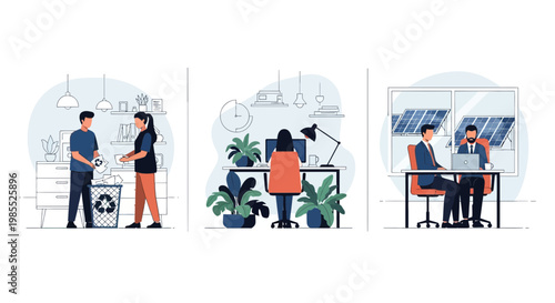 Sustainable eco friendly green office team recycling waste plants solar panels business workplace environment conservation earth