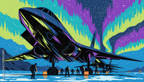 A vibrant illustration of a futuristic airplane being serviced under the stars at night.