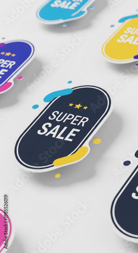 Close-up of sale sticker on white surface with stars and colored liquid shapes. Represents a special offer, discount, seasonal promotion