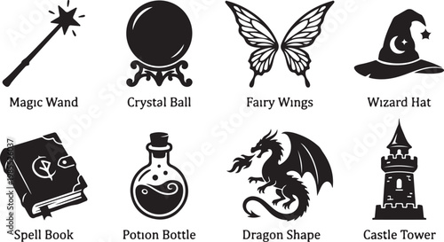 Fantasy icons, magic symbols, witchcraft vector set, mystical signs