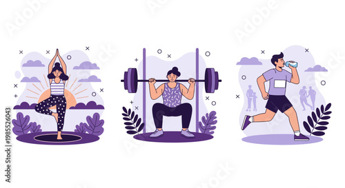 Yoga gym weightlifting and running exercises for healthy lifestyle wellness fitness and active routine workout