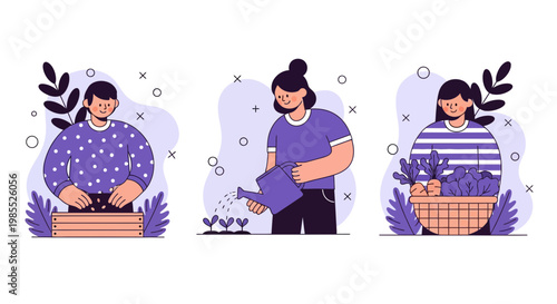 Woman Sow Seed Water Plant Grow Bud Get Crop At Home Garden Plot Area Farm Set