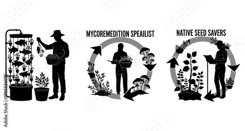 Farmer harvesting vertical garden during sunrise with copy space against bright sky silhouette