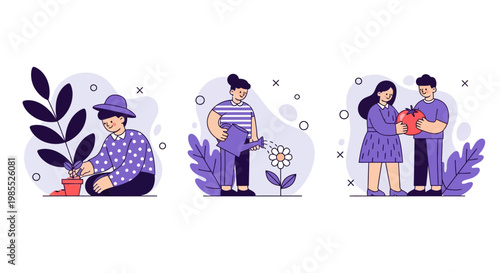 A boy sow girl wet flower man lady get big tomato in a home garden