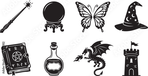 Magic, fantasy icons set, witchcraft symbols, mystical vector graphics