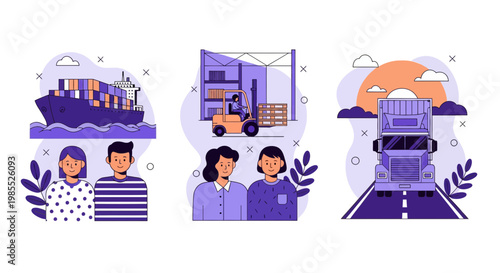 Global shipping logistics delivery service cargo ship truck warehouse worker export import freight transport supply chain industry