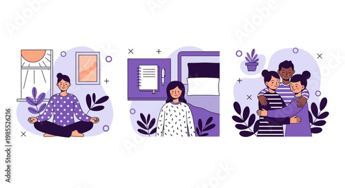 Mental health well being meditation journaling and family support set