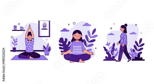 Woman yoga zen mind soul body health life path purple flat art set icon peace