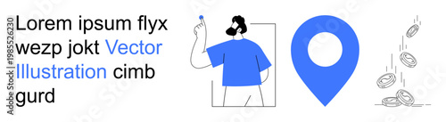 Navigation, digital mapping, finance concepts, earnings growth, wealth creation, business support. Person holding a marker, location pin scattered falling coins. Navigation and finance growth