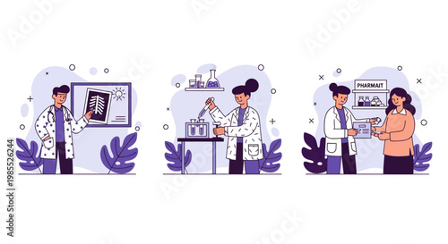 Modern healthcare medical services featuring doctor checking xray scientist in laboratory and pharmacist helping patient customers