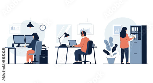 Business team work at desk and file in office task plan goal idea man lady