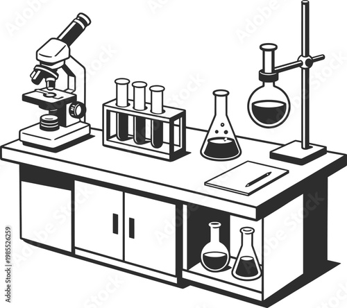 Science Laboratory Equipment Icon Black and White Vector Illustration, Chemistry Lab Workspace Symbol.