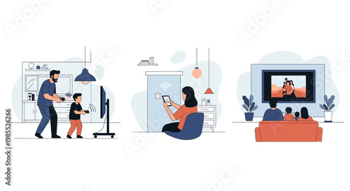 Smart home life set family play game use app watch tv show at home kids