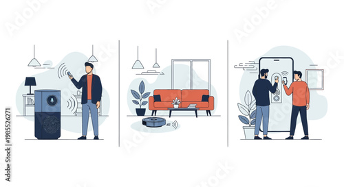 Smart Home Tech With Voice Hub Robot Vacuum App And Remote Tools For Modern House Living