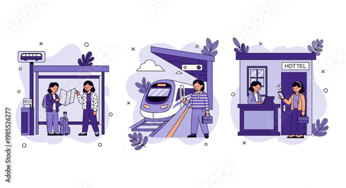 Go to bus stop take train stay at hotel for city trip map bag girl way