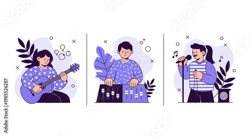 Flat vector of people playing guitar mixing music and singing for a creative music production