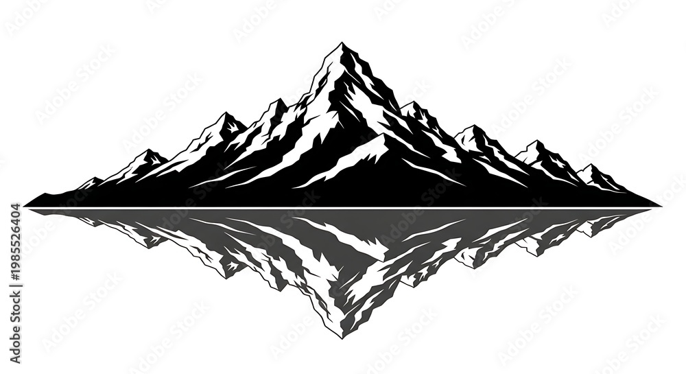 Fototapeta premium Dynamic monochrome mountain range illustration featuring a towering central peak with a perfect reflection, embodying strength and the serene beauty of the wilderness in a bold, artistic vector style