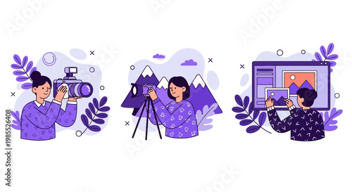 The professional photographer workflow involving cleaning the camera shooting landscapes and editing images on computer